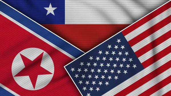 Chile Vereinigte Staaten Von Amerika Nordkorea Flaggen Zusammen Stoff Textur — Stockfoto