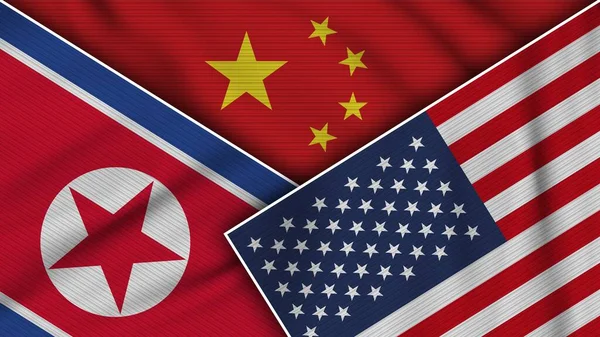 Китай Соединенные Штаты Америки Северная Корея Флаги Вместе Эффектом Текстуры — стоковое фото