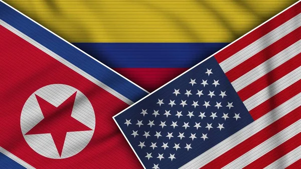 Colômbia Estados Unidos América Bandeiras Coreia Norte Juntas Ilustração Efeito — Fotografia de Stock