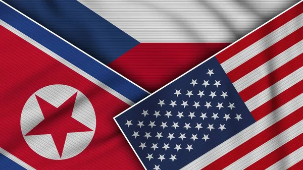 República Checa Estados Unidos América Coreia Norte Bandeiras Juntas Efeito — Fotografia de Stock