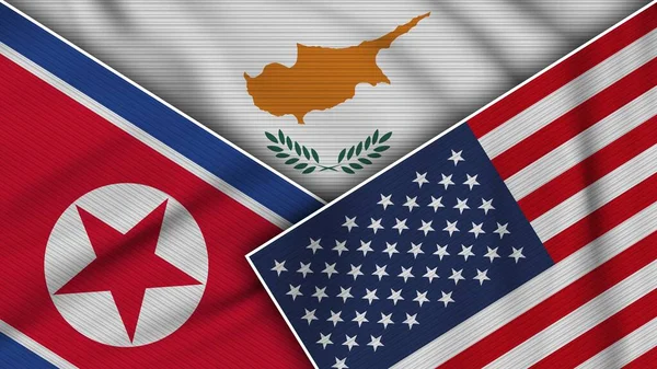 Chipre Estados Unidos América Bandeiras Coreia Norte Juntas Ilustração Efeito — Fotografia de Stock