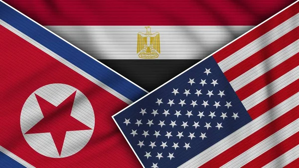Egito Estados Unidos América Bandeiras Coreia Norte Juntas Ilustração Efeito — Fotografia de Stock
