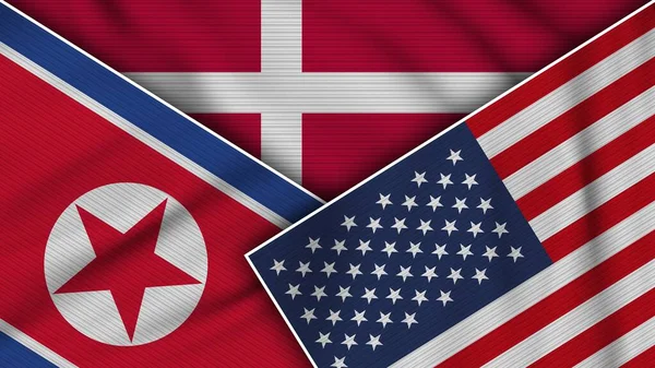 Dänemark Vereinigte Staaten Von Amerika Nordkorea Flaggen Zusammen Stoff Textur — Stockfoto