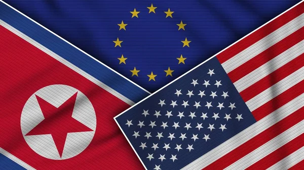 欧洲联盟美利坚合众国北朝鲜国旗一起织造纹理效果图解 — 图库照片