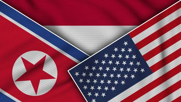 Indonesien Usa Nordkorea Flaggor Tillsammans Tyg Textur Effekt Illustration — Stockfoto