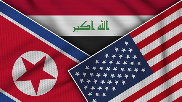 Irak Stany Zjednoczone Ameryki Flagi Korei Północnej Razem Tkanina Tekstura — Zdjęcie stockowe