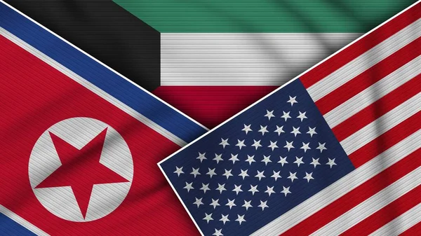 Kuwait Estados Unidos América Bandeiras Coreia Norte Juntas Ilustração Efeito — Fotografia de Stock