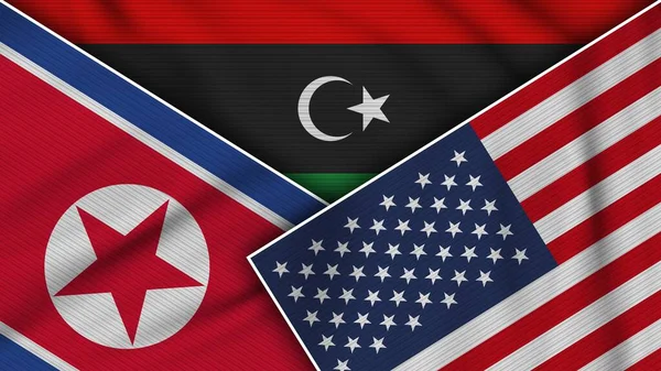 Líbia Estados Unidos América Coreia Norte Bandeiras Juntas Tela Textura — Fotografia de Stock
