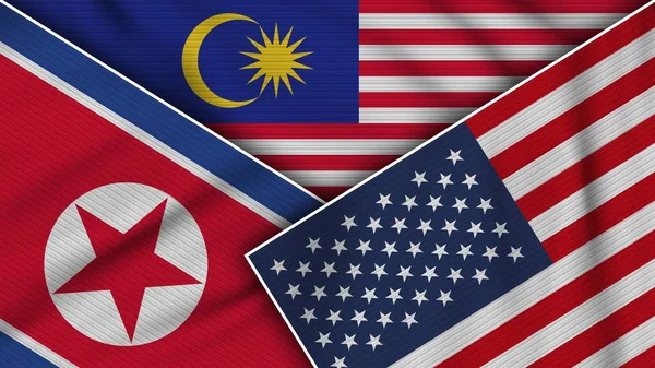 Malaysia Vereinigte Staaten Von Amerika Nordkorea Flaggen Zusammen Stoff Textur — Stockfoto