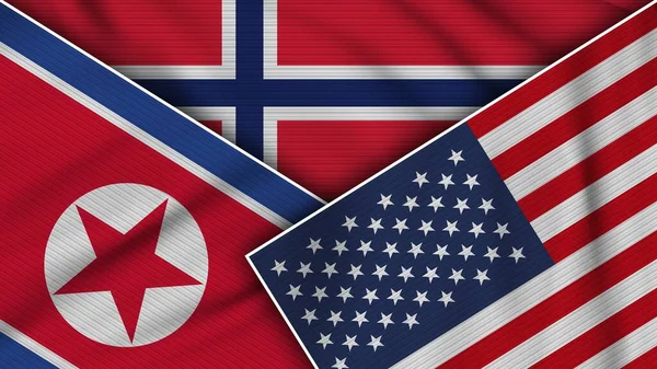 Norge Usa Nordkorea Flaggor Tillsammans Tyg Textur Effekt Illustration — Stockfoto