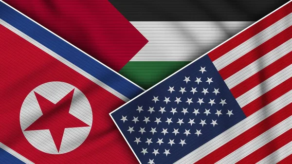 Palästina Vereinigte Staaten Von Amerika Nordkorea Flaggen Zusammen Stoff Textur — Stockfoto