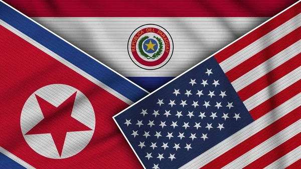 巴拉圭美利坚合众国North Korea Flags Together Fabric Texture Effect Illustration — 图库照片