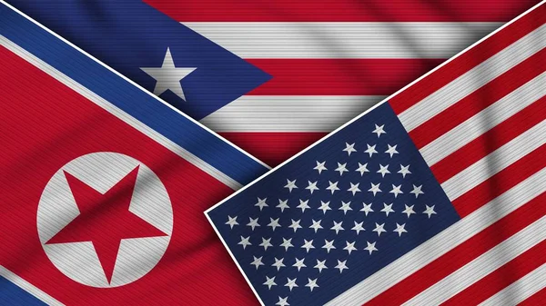 Puerto Rico Usa Nordkorea Flaggor Tillsammans Tyg Textur Effekt Illustration — Stockfoto