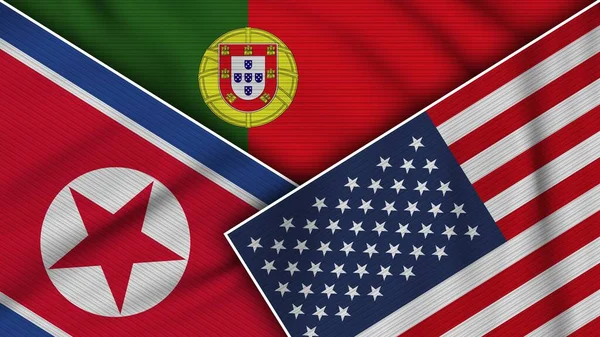 Portugal Estados Unidos América Corea Del Norte Banderas Juntas Textura —  Fotos de Stock