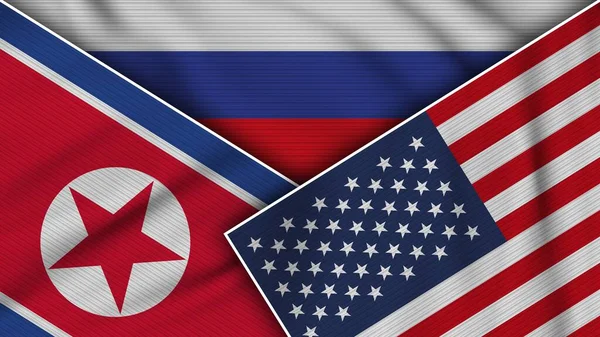 Rusia Estados Unidos América Corea Del Norte Banderas Juntas Textura —  Fotos de Stock