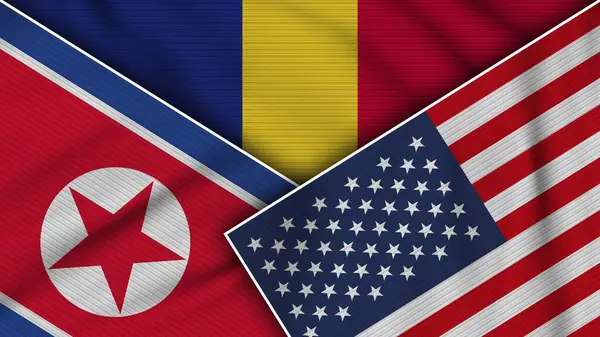 Romênia Estados Unidos América Bandeiras Coreia Norte Juntas Ilustração Efeito — Fotografia de Stock