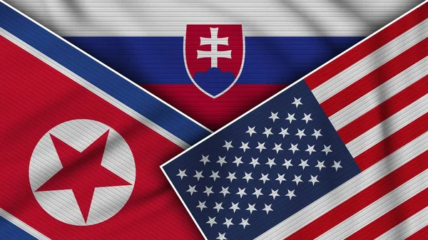 Slowakei Vereinigte Staaten Von Amerika Nordkorea Flaggen Zusammen Stoff Textur — Stockfoto