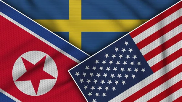 Suecia Estados Unidos América Corea Del Norte Banderas Juntas Textura —  Fotos de Stock