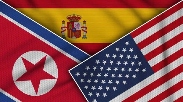 Espanha Estados Unidos América Bandeiras Coreia Norte Juntas Ilustração Efeito — Fotografia de Stock