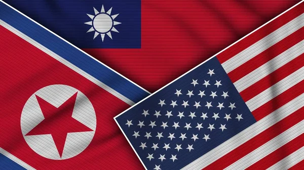 Taiwan Estados Unidos América Bandeiras Coreia Norte Juntas Ilustração Efeito — Fotografia de Stock