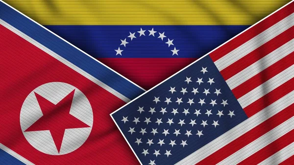 Venezuela Estados Unidos América Bandeiras Coreia Norte Juntas Ilustração Efeito — Fotografia de Stock