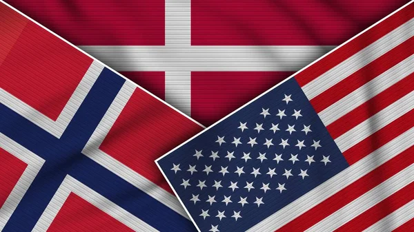 Dánsko Spojené Státy Americké Norway Flags Together Fabric Texture Effect — Stock fotografie