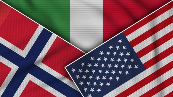 意大利美利坚合众国挪威国旗一起 织物纹理效果说明 — 图库照片