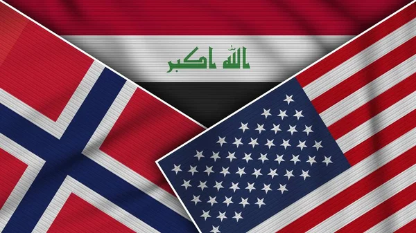 Iraq Stati Uniti America Norvegia Bandiere Insieme Tessuto Texture Effect — Foto Stock