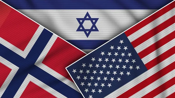 Israel Vereinigte Staaten Von Amerika Norwegen Flaggen Zusammen Stoff Textur — Stockfoto