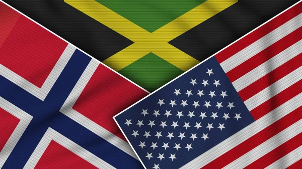 Jamaica Amerikas Förenta Stater Norge Flaggor Tillsammans Tyg Textur Effekt — Stockfoto