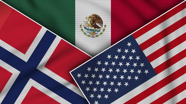 Mexico Verenigde Staten Noorwegen Vlaggen Samen Textuur Effect Illustratie — Stockfoto