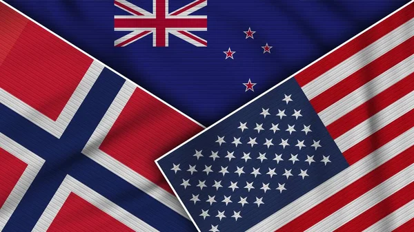 Neuseeland Vereinigte Staaten Von Amerika Norwegen Flaggen Zusammen Stoff Textur — Stockfoto