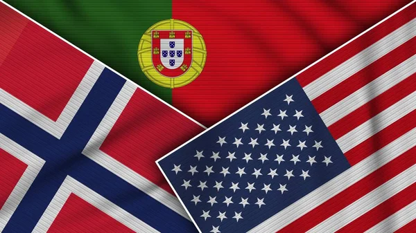 Portugal Estados Unidos América Noruega Banderas Juntas Textura Efecto Ilustración — Foto de Stock