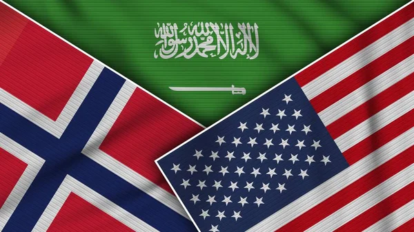 Arabia Saudita Stati Uniti America Norvegia Bandiere Insieme Tessuto Texture — Foto Stock