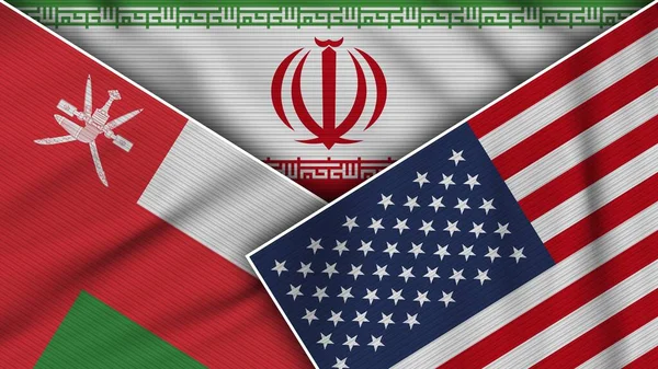 Irán Estados Unidos América Omán Banderas Juntas Textura Tela Efecto — Foto de Stock