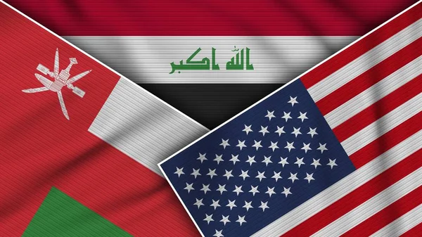Irak Stany Zjednoczone Ameryki Oman Flags Together Fabric Texture Effect — Zdjęcie stockowe