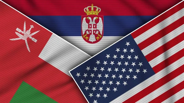 Serbia Stati Uniti America Oman Flags Together Fabric Texture Effect — Foto Stock