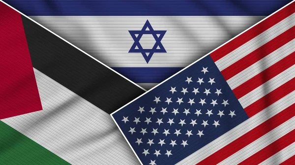 Israele Stati Uniti America Palestina Bandiere Insieme Tessuto Texture Effect — Foto Stock