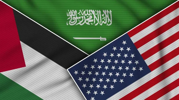Arabia Saudita Estados Unidos América Palestina Banderas Juntas Textura Efecto — Foto de Stock
