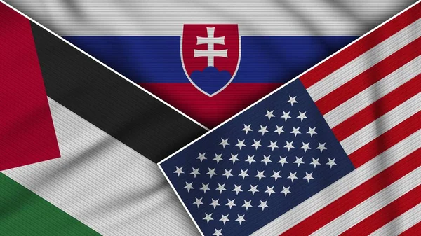Slovakien Usa Palestina Flaggor Tillsammans Tyg Textur Effekt Illustration — Stockfoto