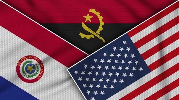 Angola Amerikai Egyesült Államok Paraguay Flags Together Fabric Texture Effect — Stock Fotó