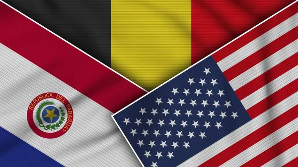 België Verenigde Staten Van Amerika Paraguay Vlaggen Samen Textuur Effect — Stockfoto