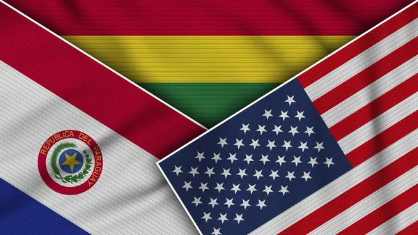 Bolivya Amerika Birleşik Devletleri Paraguay Bayrakları Kumaş Dokusu Llüstrasyon Etkisi — Stok fotoğraf