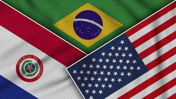 Brezilya Amerika Birleşik Devletleri Paraguay Bayrakları Bir Arada Kumaş Doku — Stok fotoğraf
