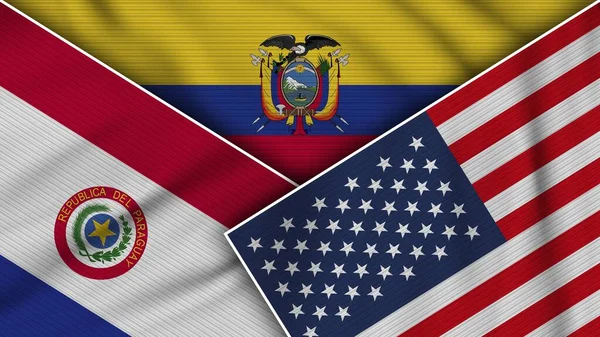 Ecuador Vereinigte Staaten Von Amerika Paraguay Fahnen Zusammen Stoff Textur — Stockfoto