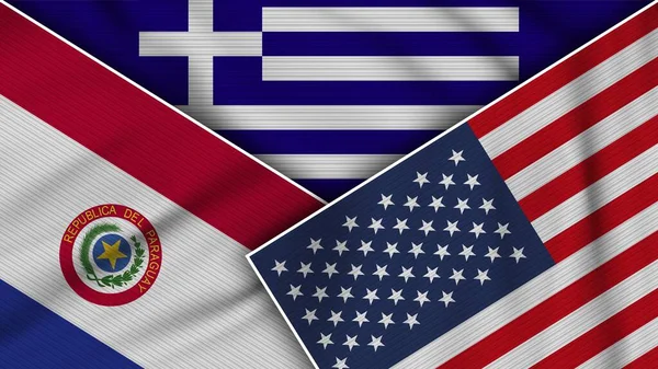 Yunanistan Amerika Birleşik Devletleri Paraguay Bayrakları Kumaş Dokusu Llüstrasyonunu Birleştirdi — Stok fotoğraf