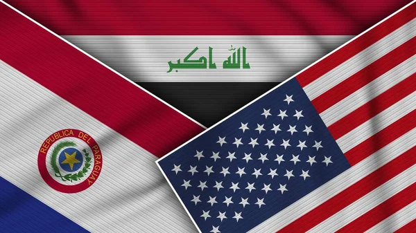Irak Stany Zjednoczone Ameryki Paragwaj Flagi Razem Tkanina Tekstura Efekt — Zdjęcie stockowe
