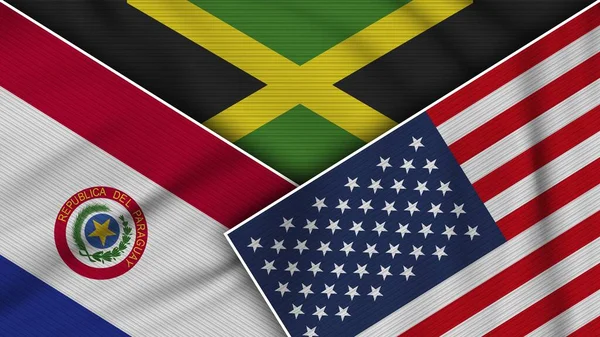 Jamaica United States America Paraguay Flags Together Fabric Texture Effect — Stock Photo, Image