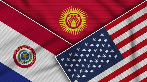 Kırgızistan Amerika Birleşik Devletleri Paraguay Bayrakları Kumaş Doku Etkisi Llüstrasyonu — Stok fotoğraf