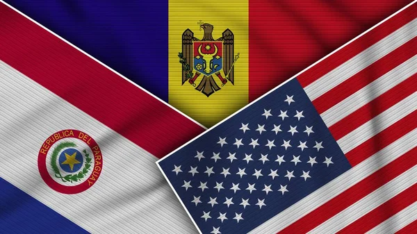 Moldova Amerika Birleşik Devletleri Paraguay Bayrakları Kumaş Doku Etkisi Llüstrasyonucomment — Stok fotoğraf